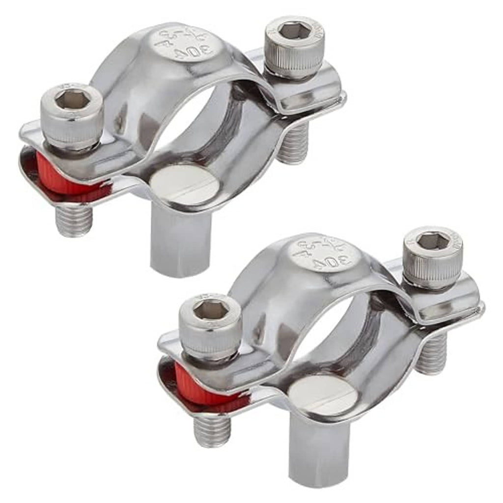 Stainless steel split ring pipe hanger clamp with red gasket and four mounting screws