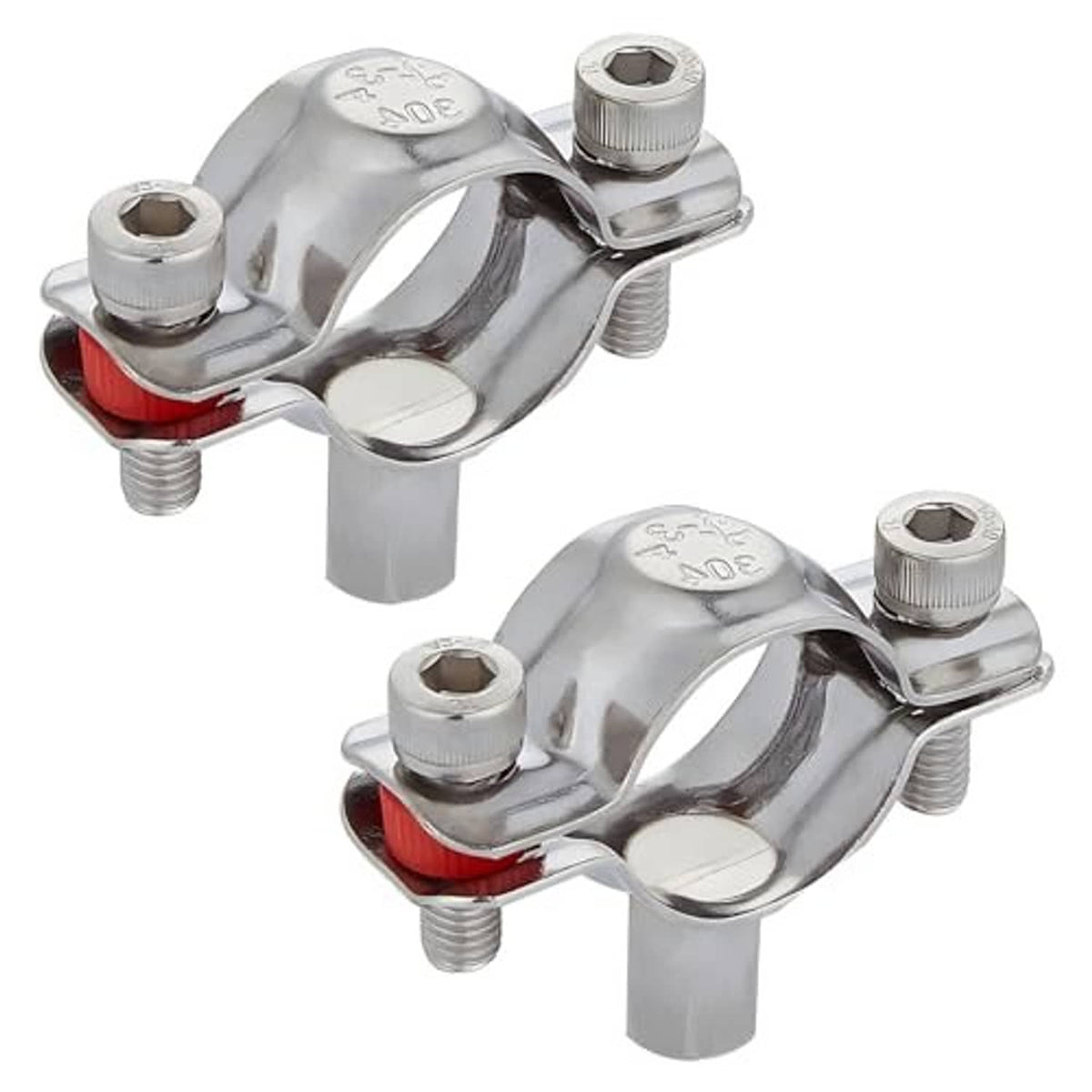 Stainless steel split ring pipe hanger clamp with red gasket and four mounting screws
