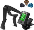 Clip-on tuner capo with LCD display, black clamp and adjustable arm