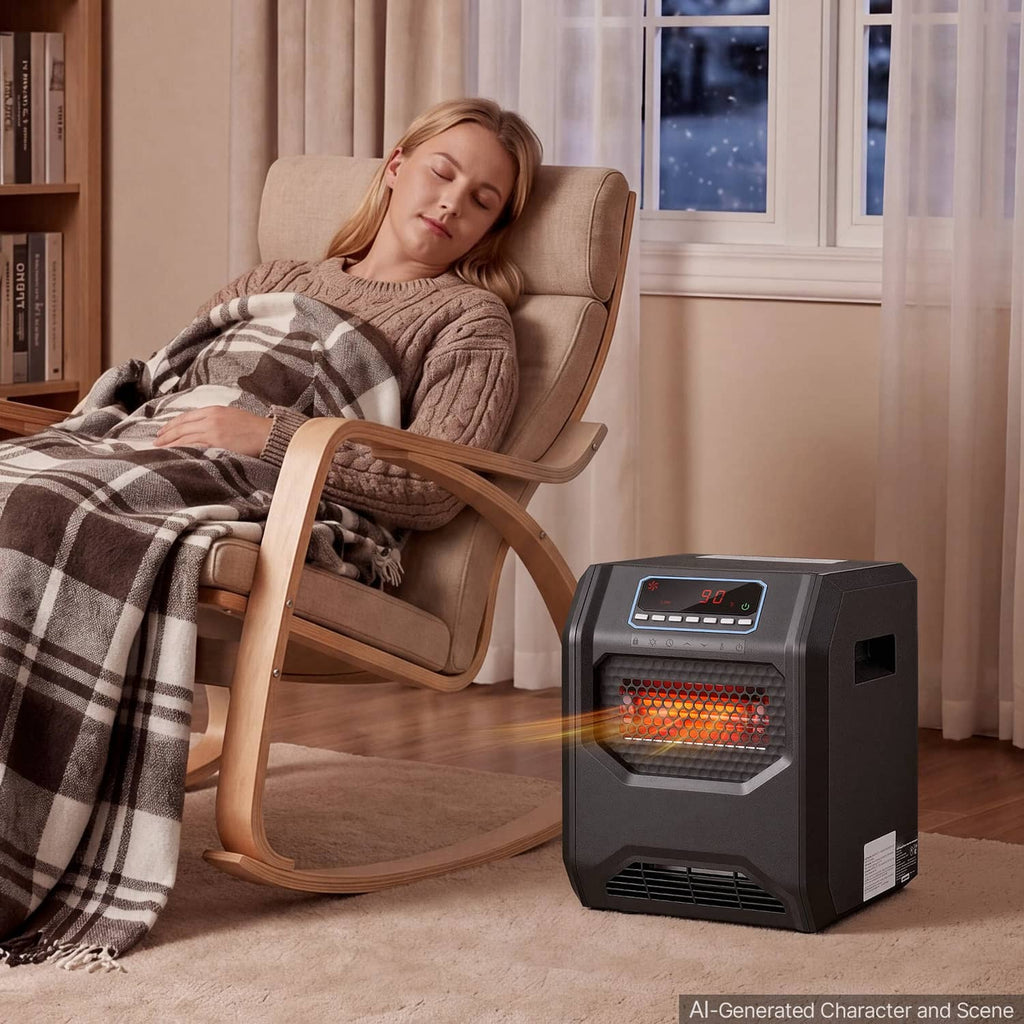 Black infrared heater with red glowing heating element and digital temperature display