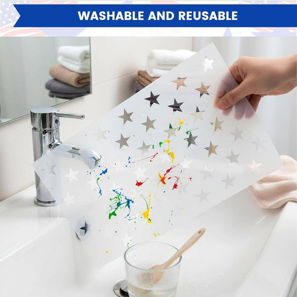 Washable star stencil sheets with cutout stars, held above a white sink