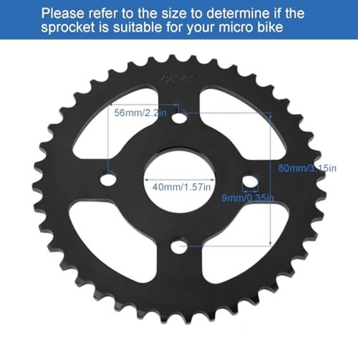Black 40T mini bike sprocket gear with size markings and central 40mm bore