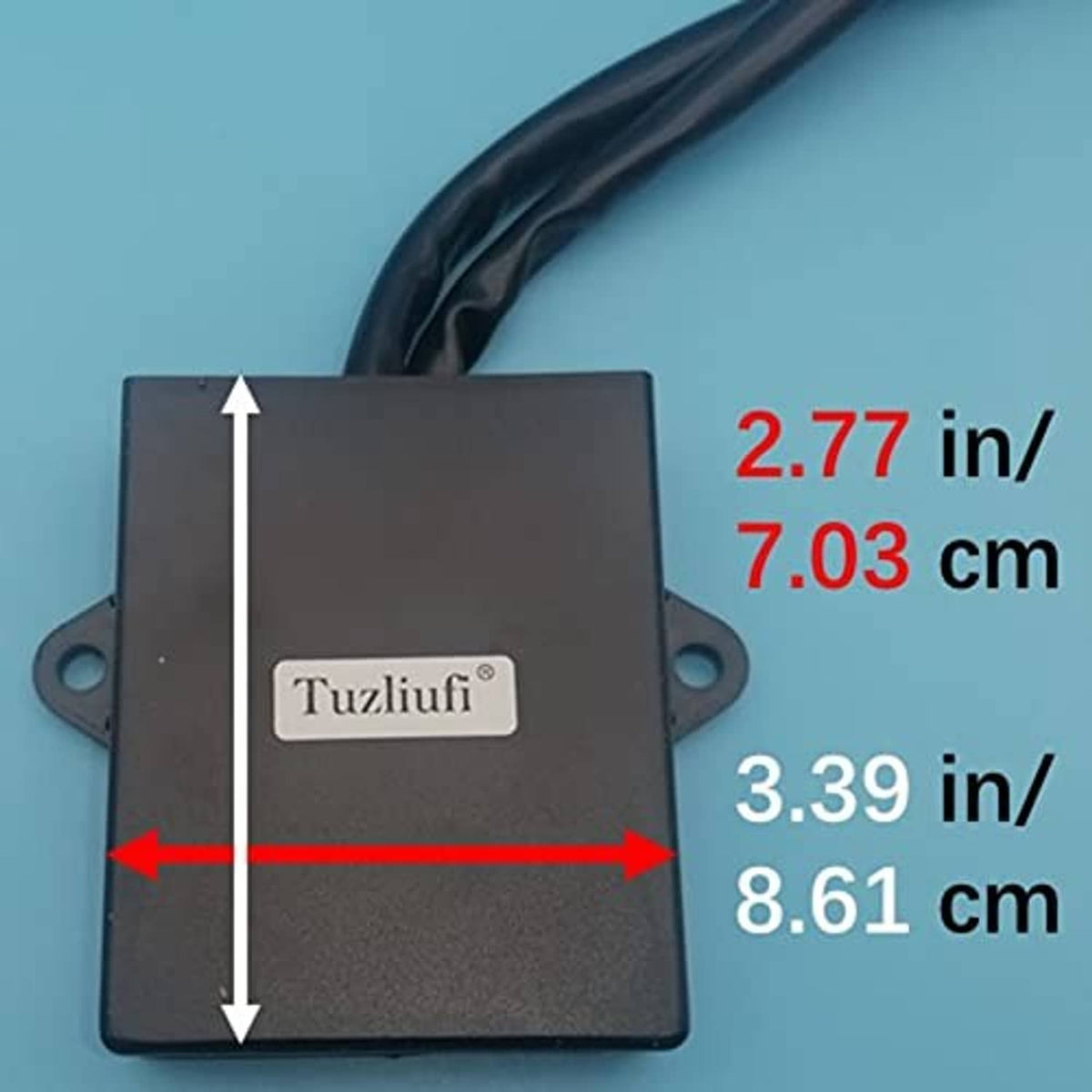 CDI ignition box module with mounting holes, labeled dimensions 2.77 x 3.39 in