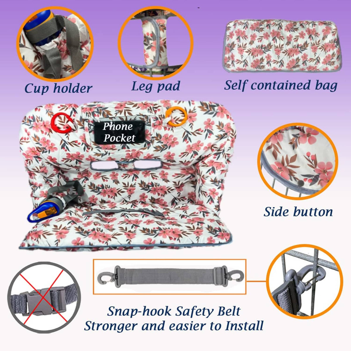 Floral baby shopping cart cover with cup holder, leg pad, phone pocket, and snap belt
