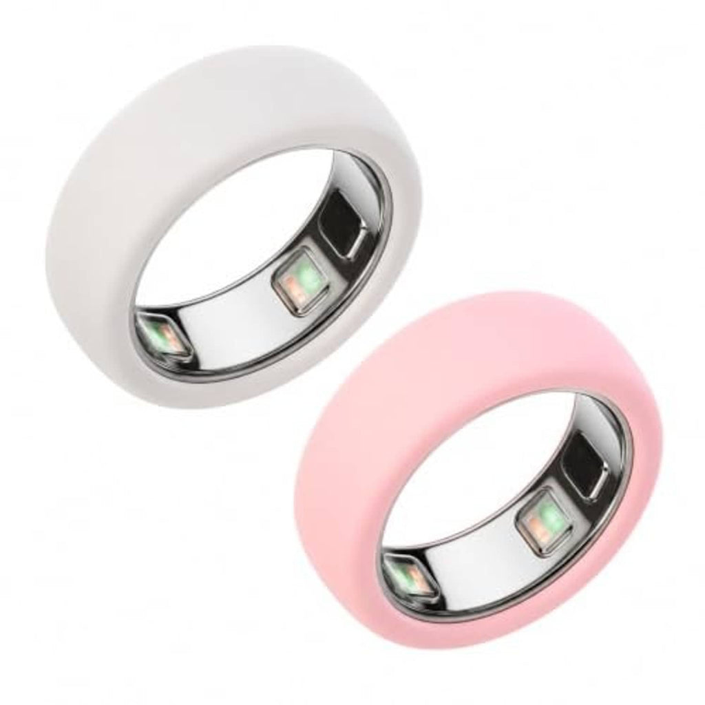 White and pink silicone ring cases with metal insert and glowing sensor window