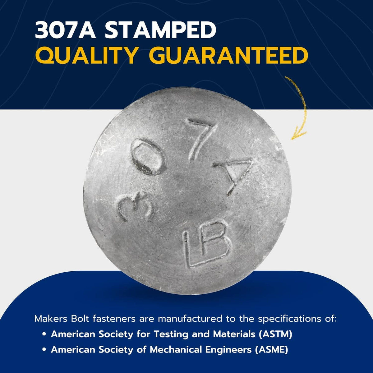 Galvanized carriage bolt head with 307A stamp and stamped quality markings