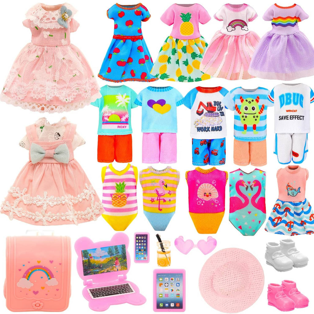 Assorted doll dresses, including pink lace and bright patterned outfits, for 5-inch dolls
