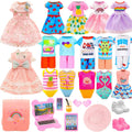 Assorted doll dresses, including pink lace and bright patterned outfits, for 5-inch dolls