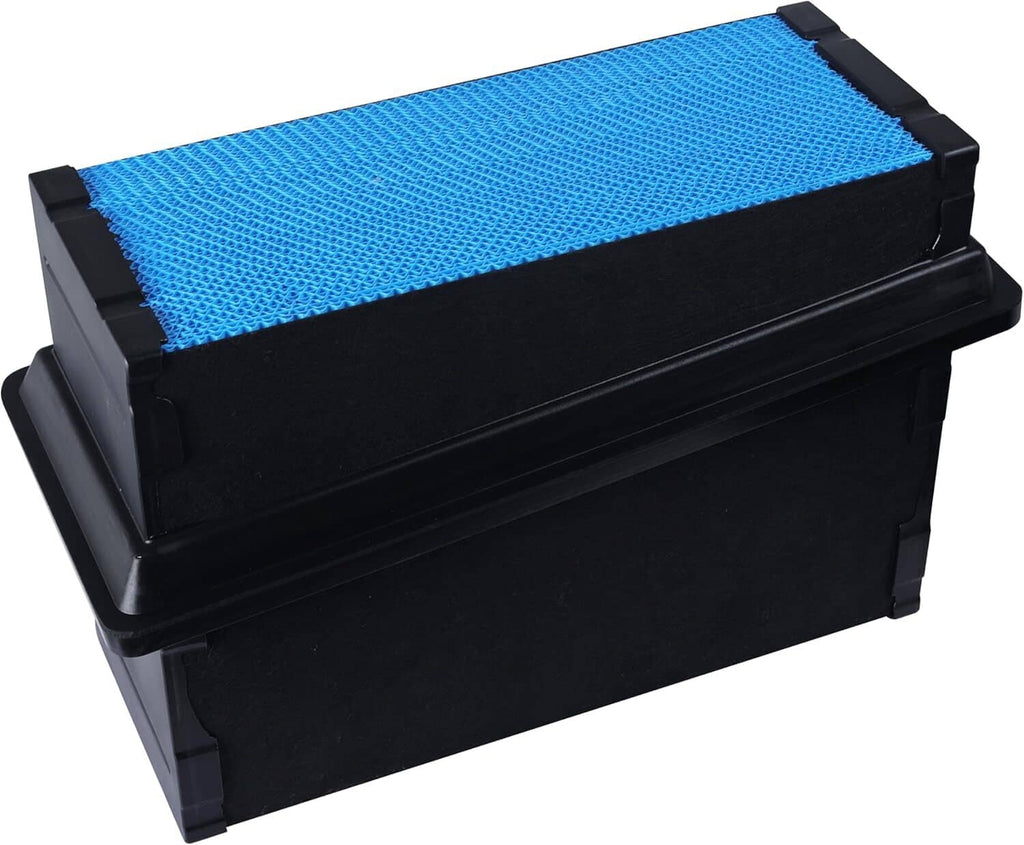 Air filter with blue pleated panel on top and black base housing, angled view