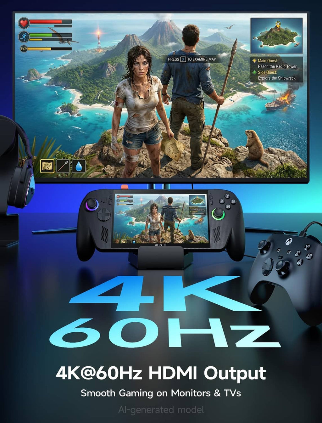 Handheld gaming console docked to wide monitor, black 4-in-1 HDMI output dock