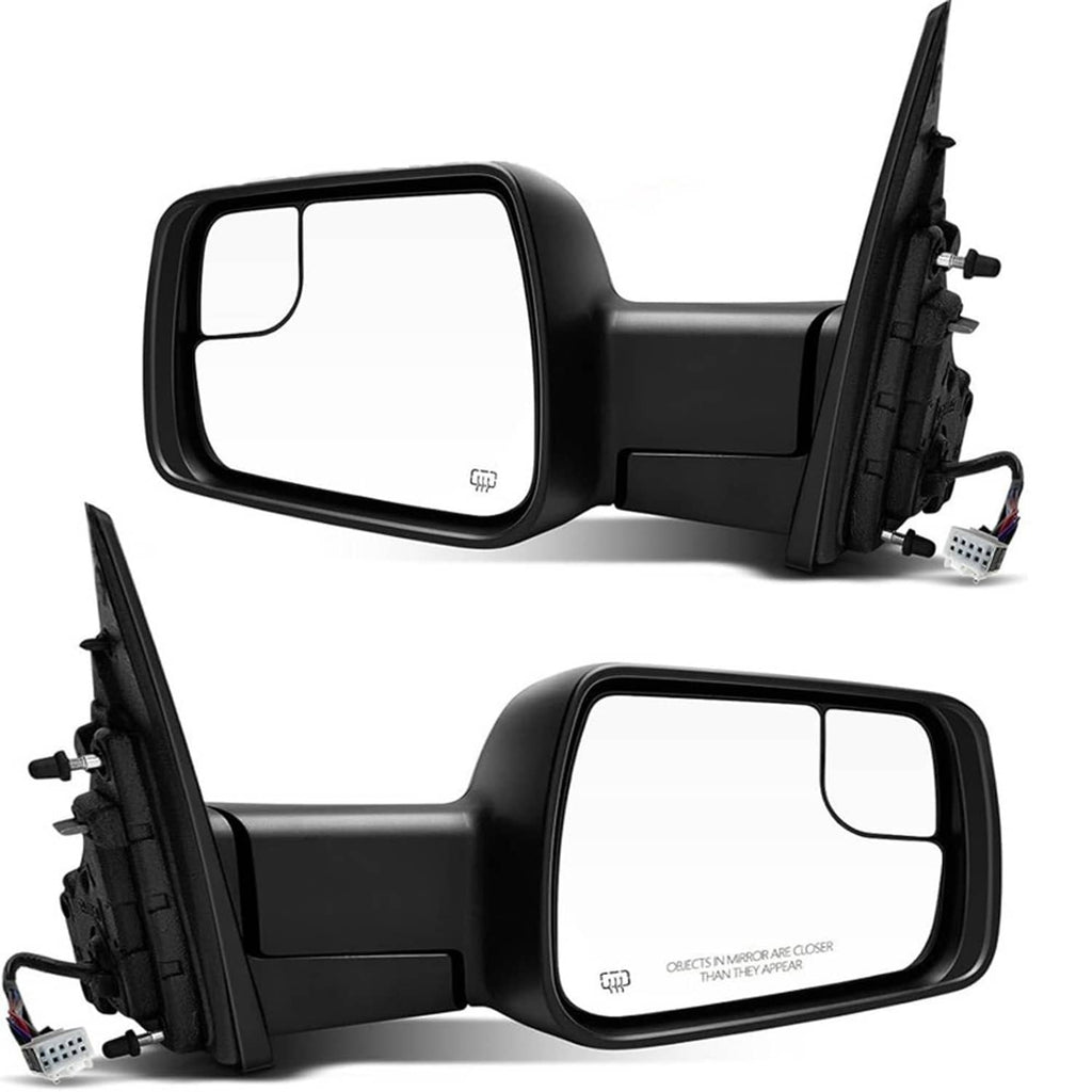 Pair of black heated towing mirrors with turn signal and power wiring, driver and passenger sides