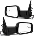 Pair of black heated towing mirrors with turn signal and power wiring, driver and passenger sides