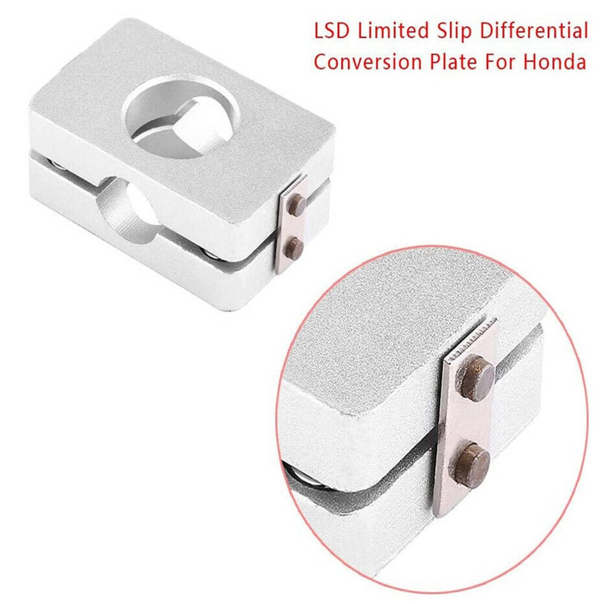 Silver metal conversion plate with circular hole and two bolt tabs