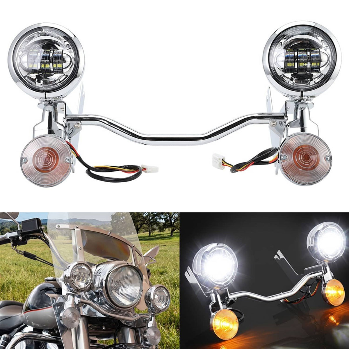 Chrome LED passing fog light bar with two round spotlights and two amber turn signals