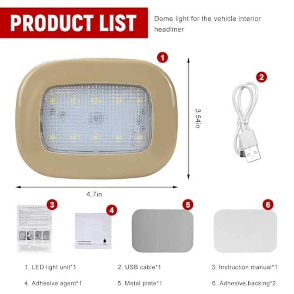 Beige LED dome light with USB cable and adhesive installation parts shown