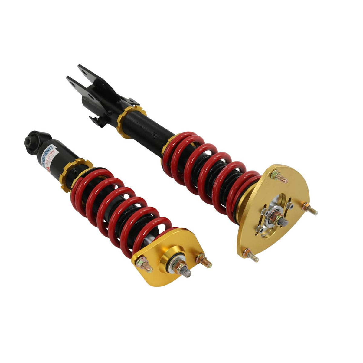 Two coilover struts angled with red spring coils, gold top plates, black dampers