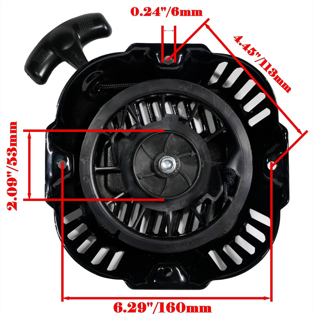 Black recoil starter dimensions diagram for square housing and pull handle
