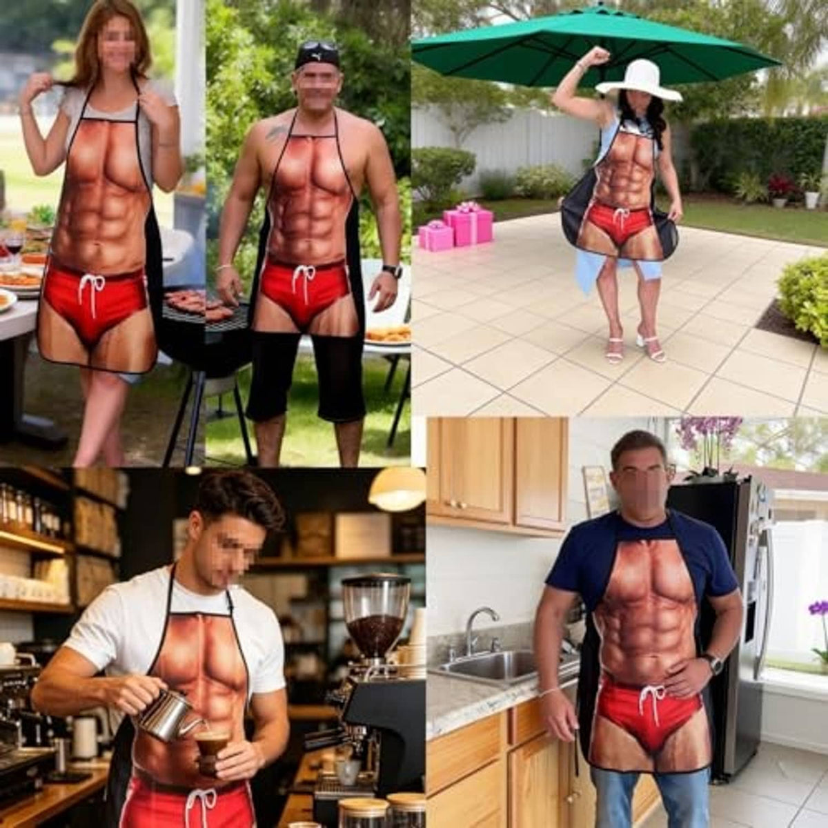 Person wearing muscle-man print novelty apron with black straps and red trunk graphic
