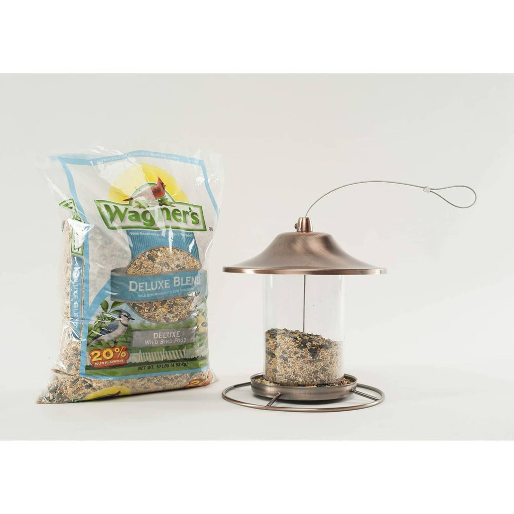 Wild bird food bag next to a hanging seed feeder with mixed seed inside