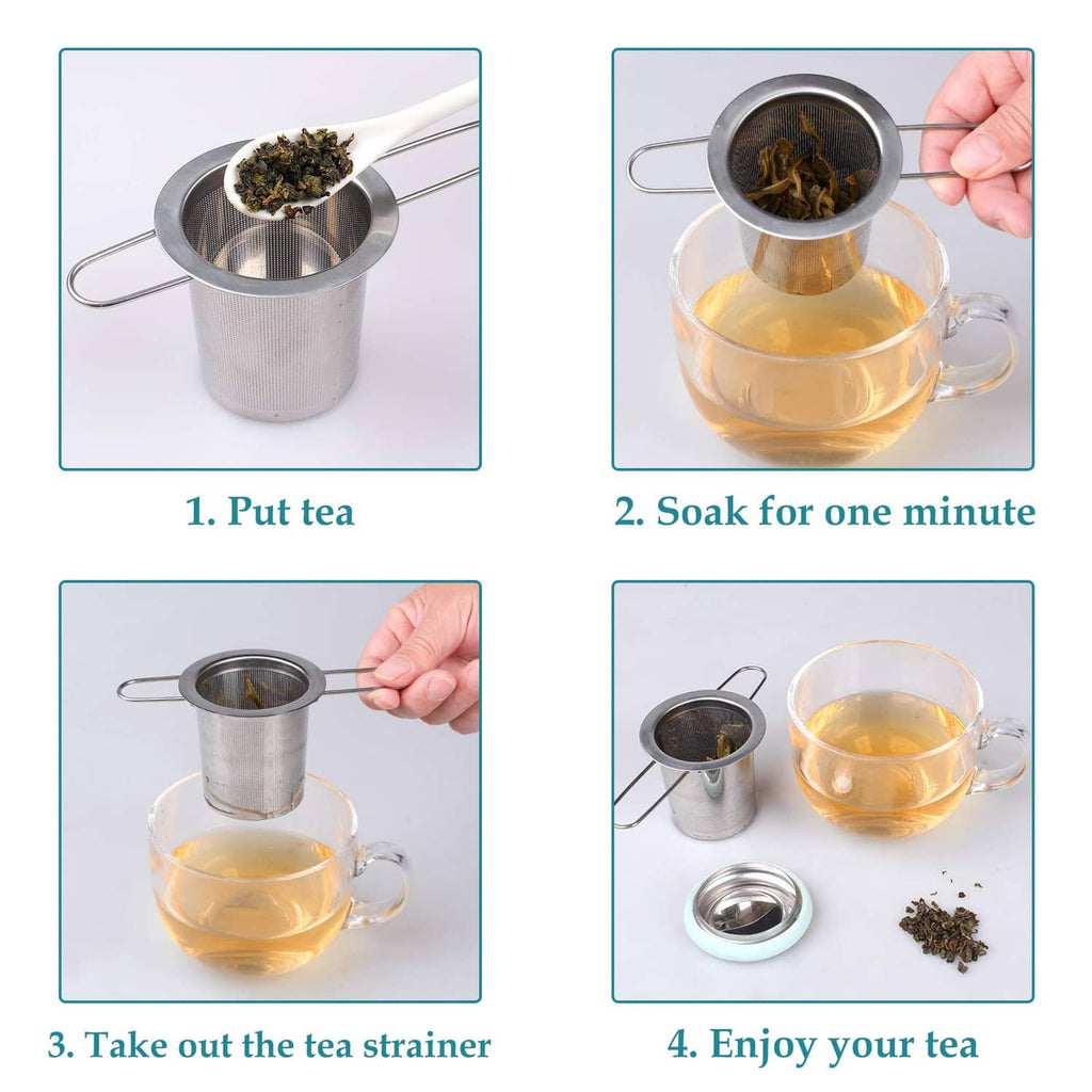 Stainless tea infuser with fine mesh basket shown over steeping tea in a cup