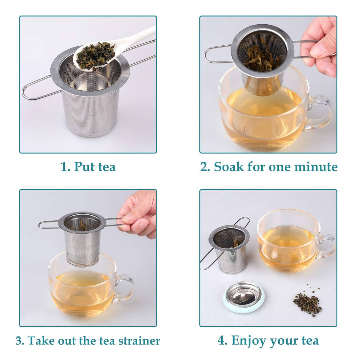 Stainless tea infuser with fine mesh basket shown over steeping tea in a cup