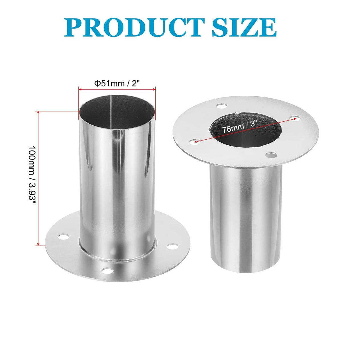 Stainless steel duct flange with round base, 3 holes, and 2 in straight pipe stub