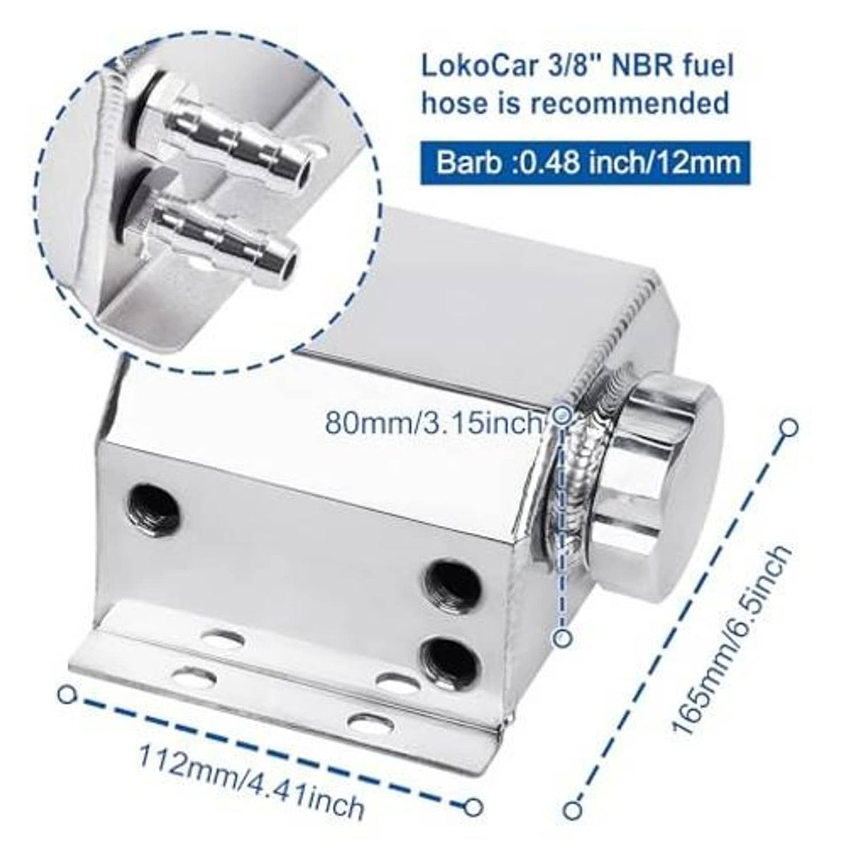 Silver coolant expansion tank with side ports, top cap, and multiple mounting holes