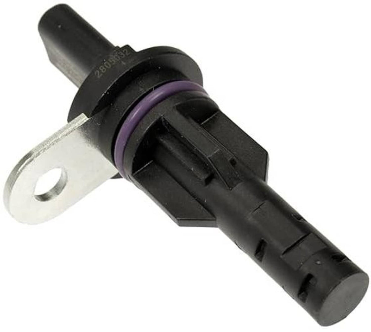 Engine camshaft position sensor with round metal mounting plate and black cable connector