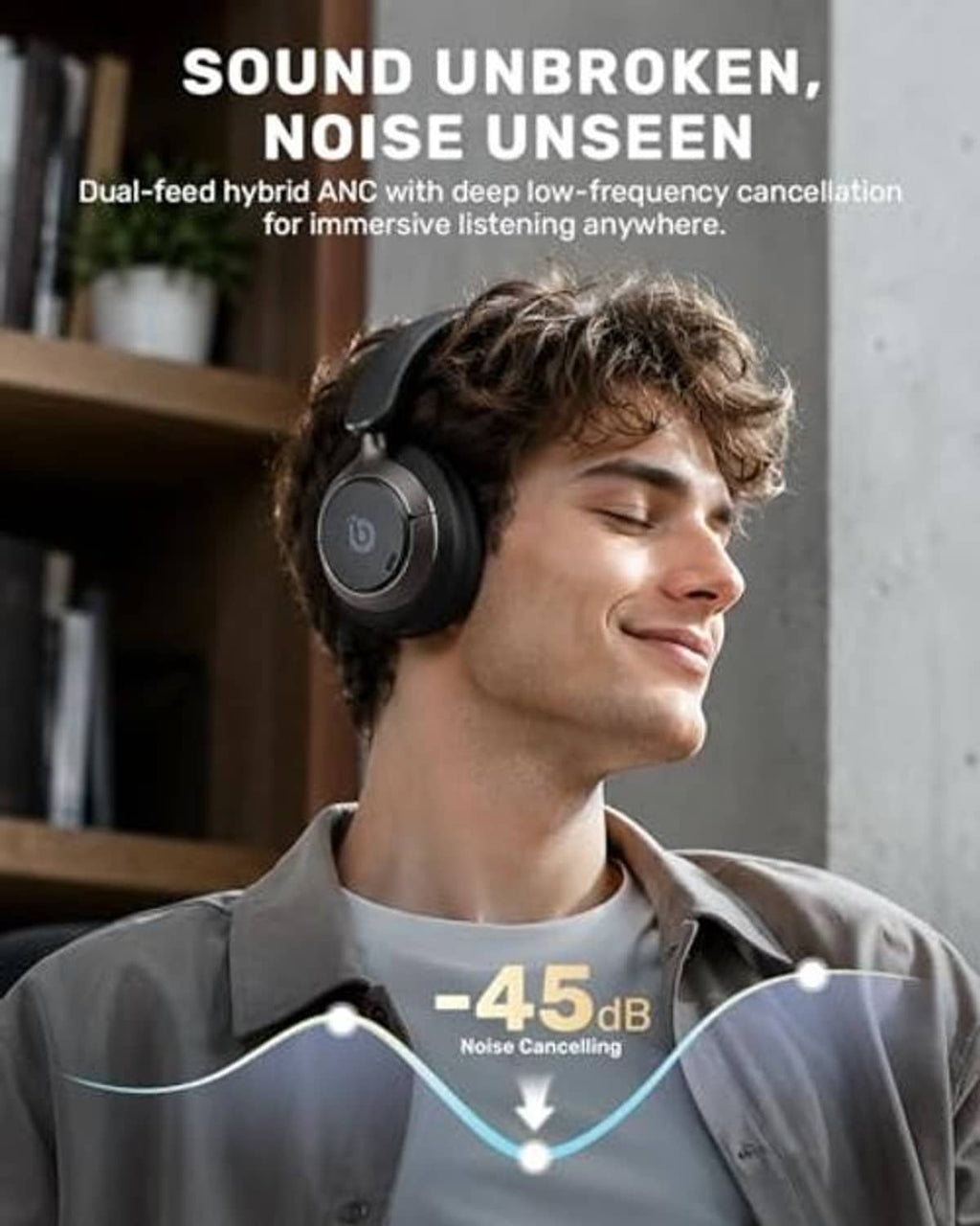 Black over-ear headphones worn by a person, headband and earcups visible