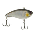 Silver fish-shaped fishing lure with black back, treble hooks, and red eye