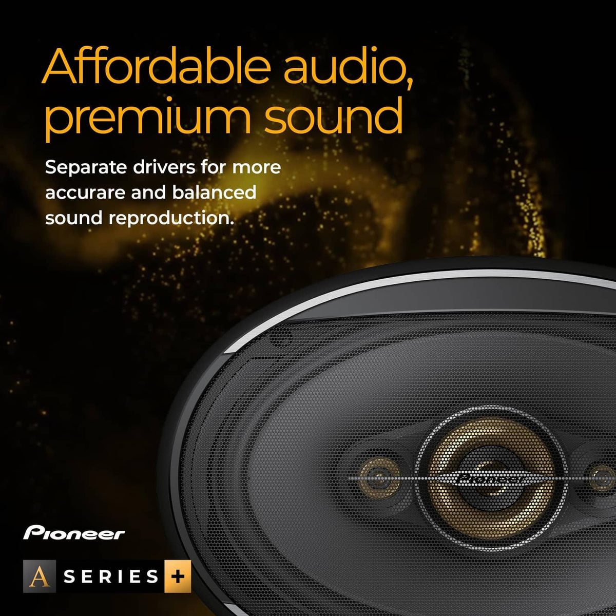 6x9 coaxial car speaker close-up with perforated grille and center tweeter