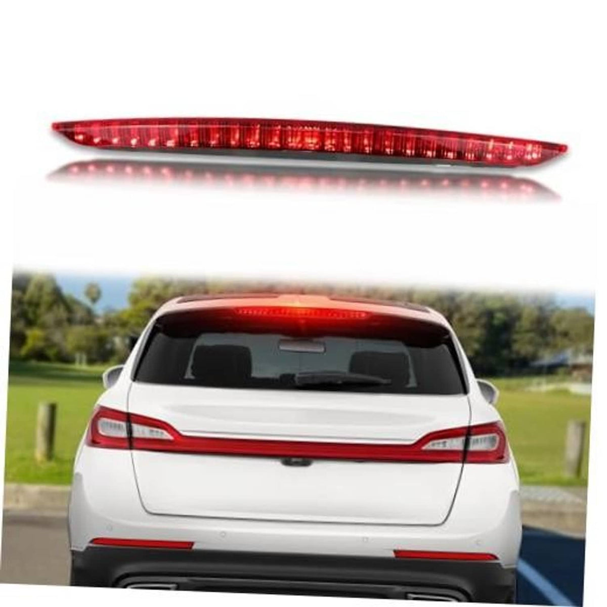 Red LED third brake light replacement with clear housing, shown above a car rear view
