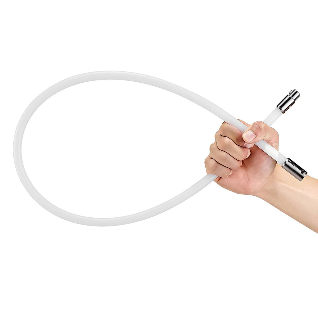 Chimney cleaning rope with white cord and metal attachment held in hand