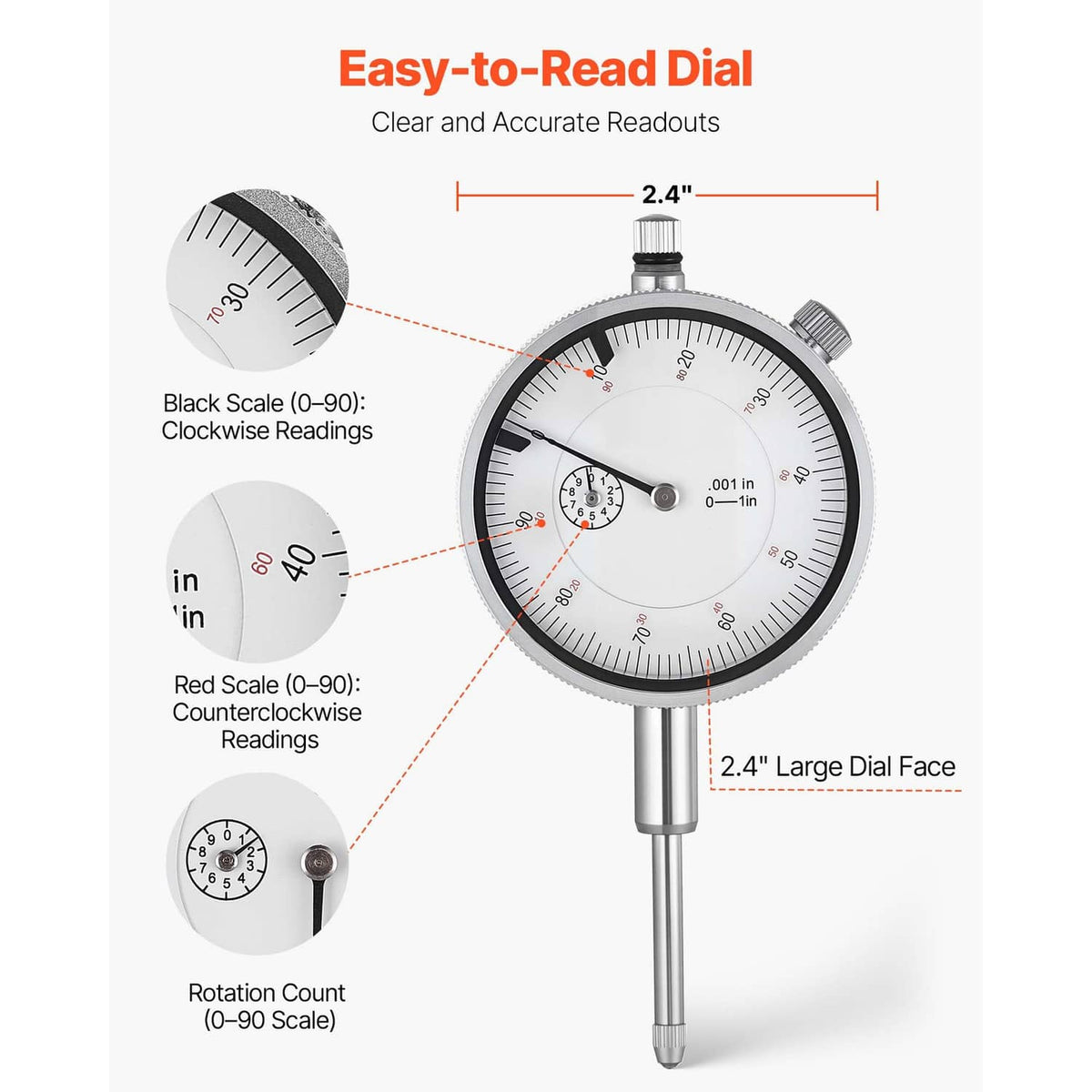 Round dial test indicator with large face and red/black scale markings on metal stem