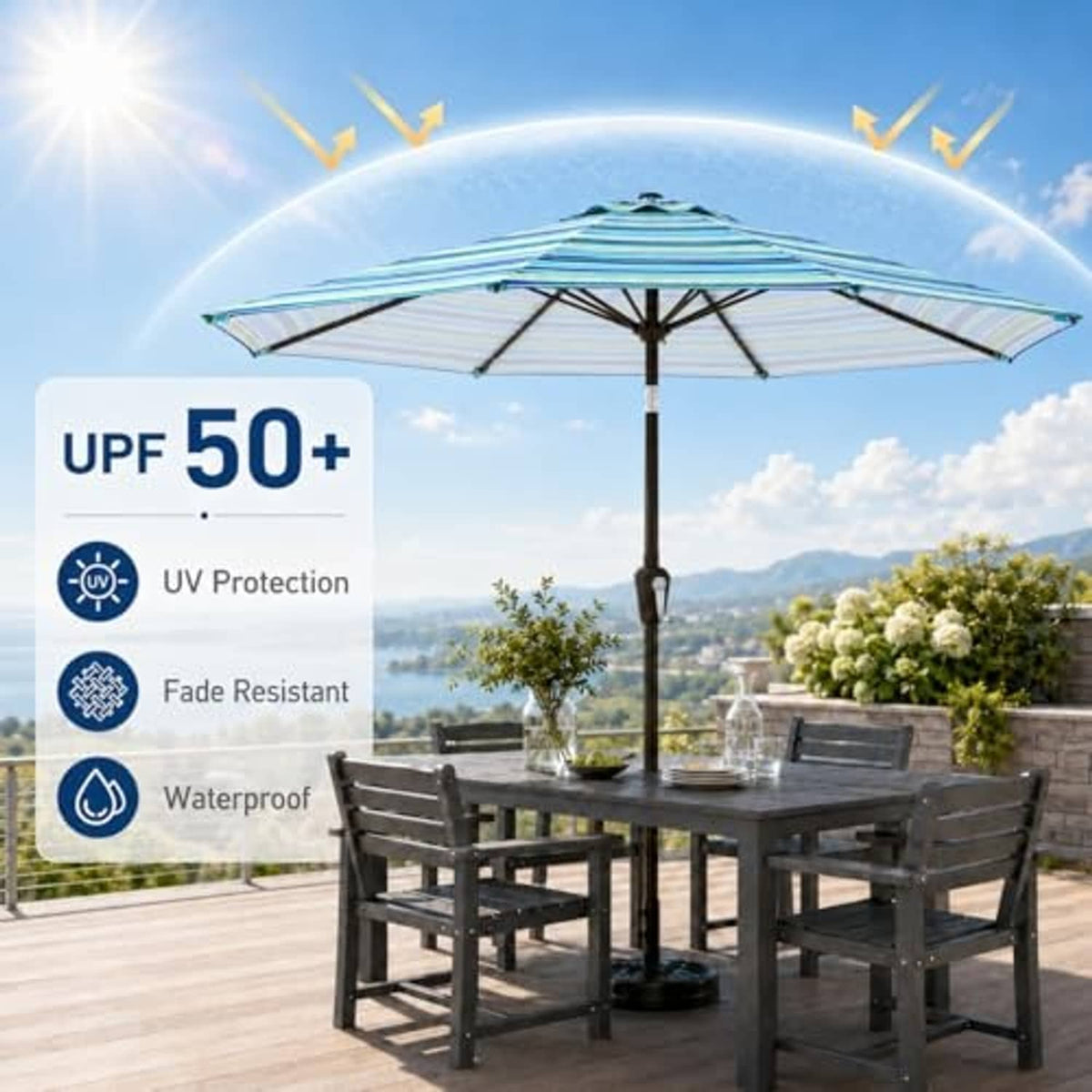Blue striped outdoor umbrella with solar panel base and UPF 50+ style canopy