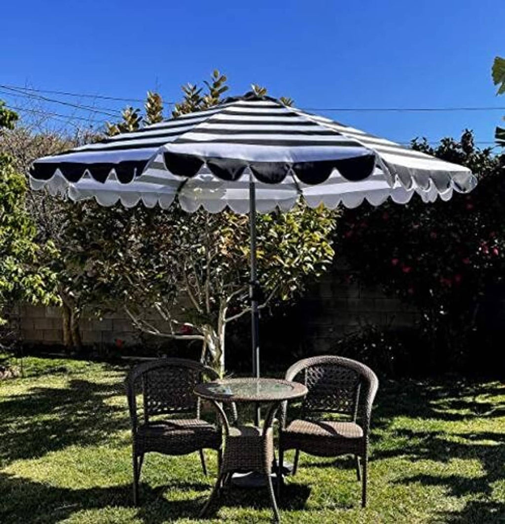 Black and white striped umbrella canopy with scalloped valance replacement cover