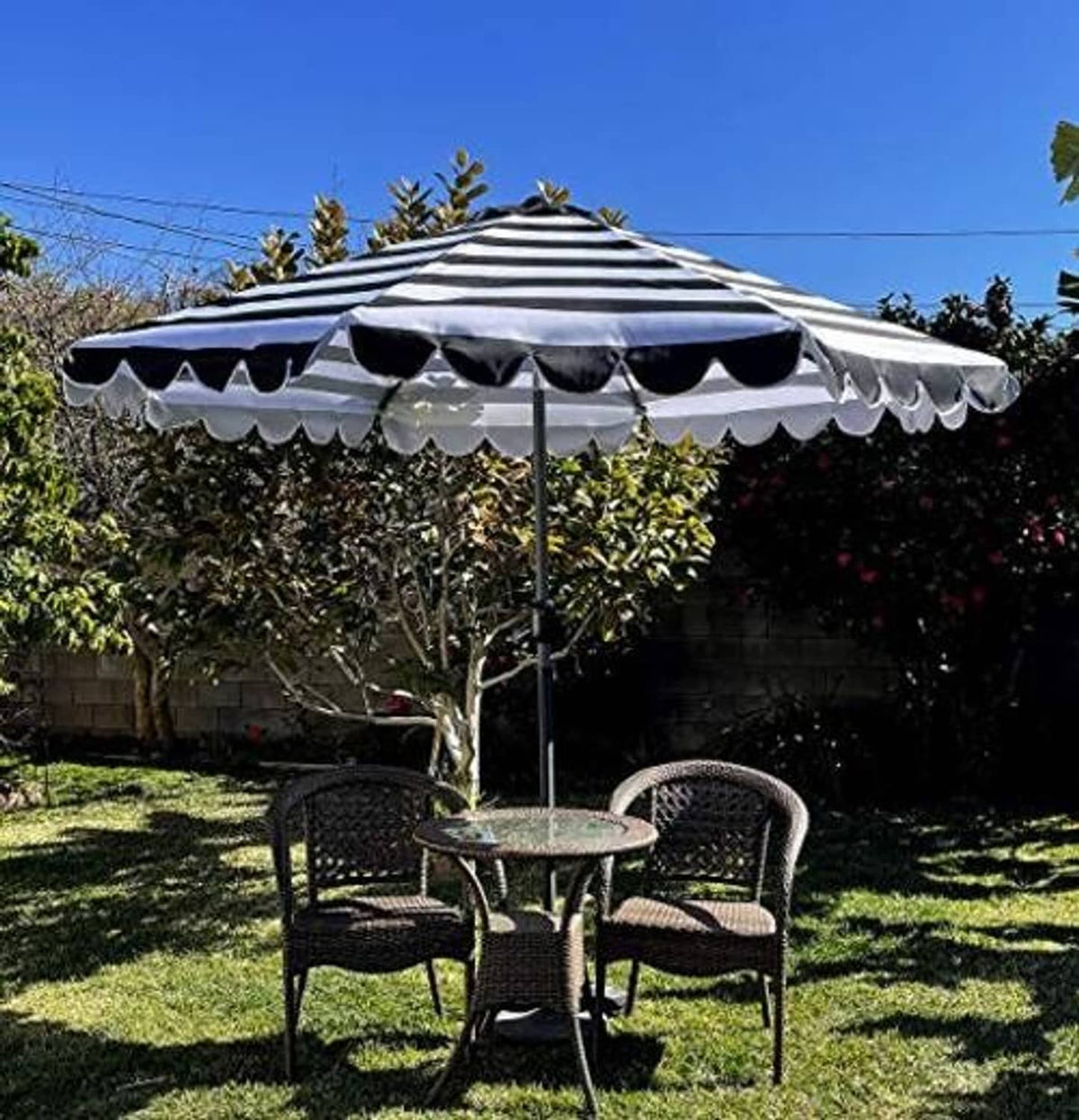 Black and white striped umbrella canopy with scalloped valance replacement cover