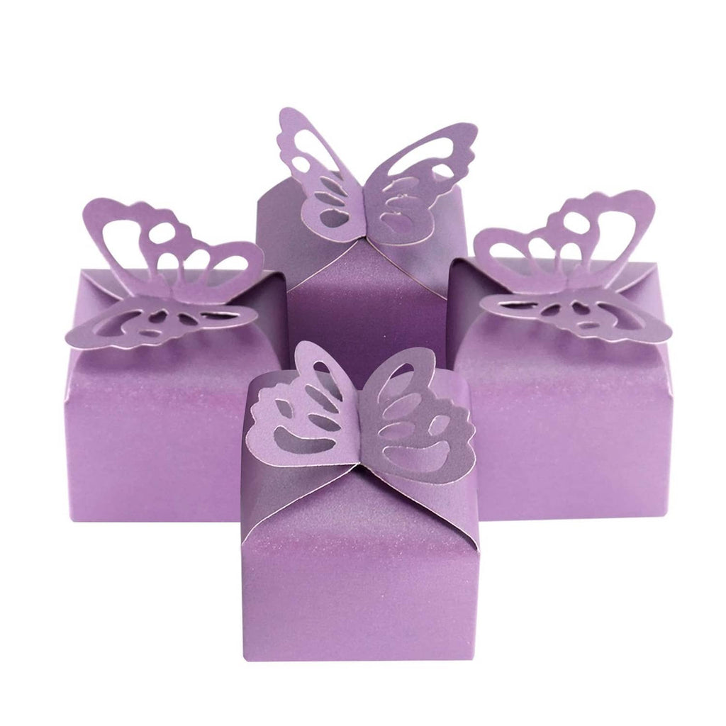 Purple butterfly favor gift boxes, four lids with scalloped cutout wing details