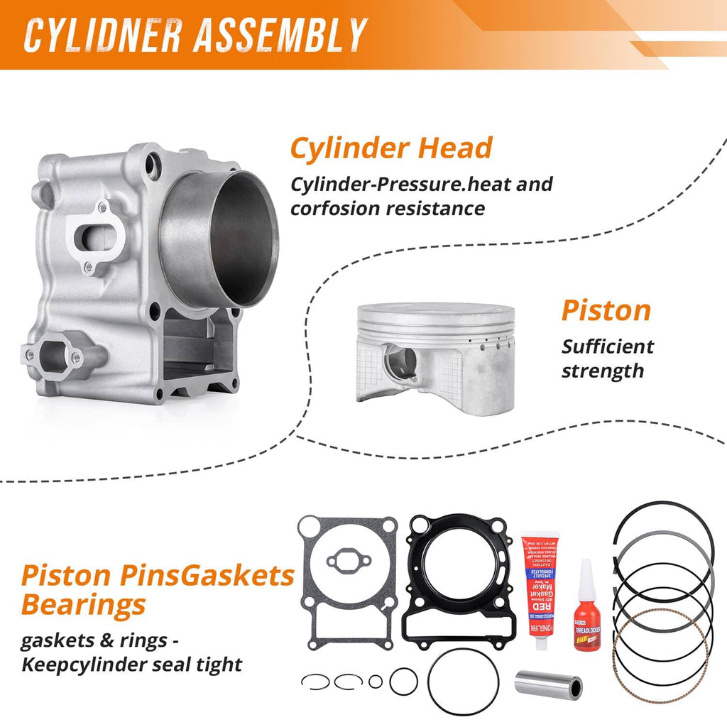 Cylinder assembly diagram showing cylinder head, piston, pins, gaskets, and sealant