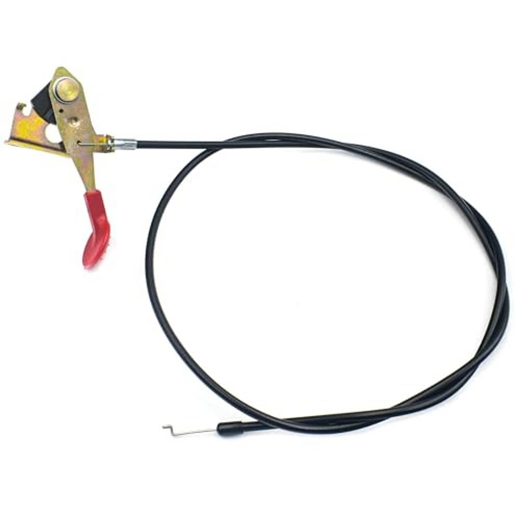 Throttle control cable with yellow latch bracket, red pull handle, and black cable loop
