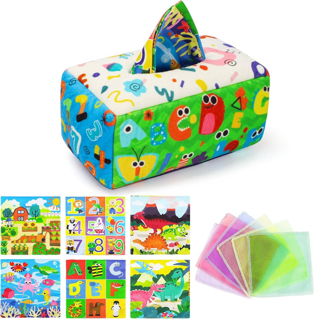 Colorful fabric crinkle tissue box toy with animal prints and rainbow tissue covers