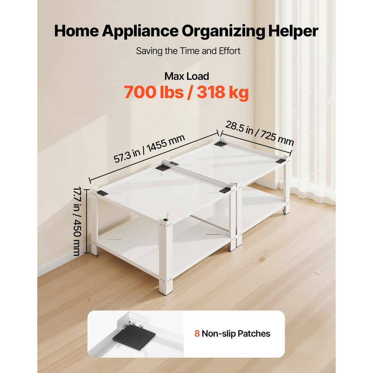 White laundry storage rack base with raised platform and open lower shelves