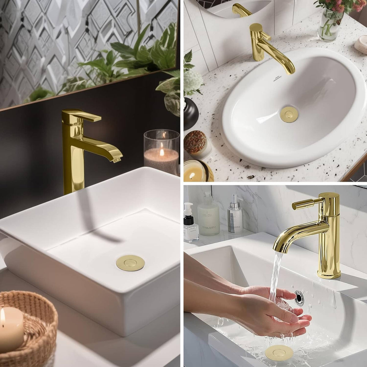 Brushed gold bathroom sink pop-up drain stopper with flat seal cover installed