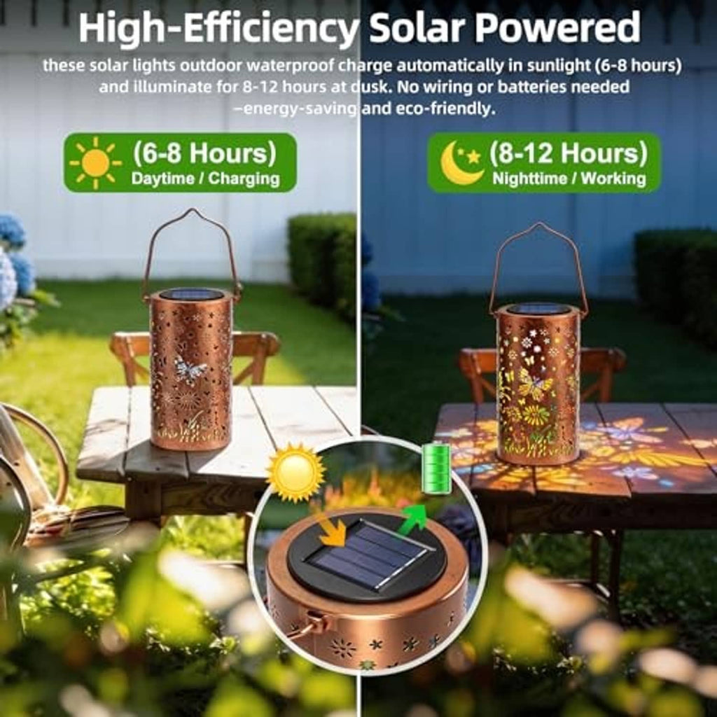 Copper solar lantern with butterfly floral pattern and solar panel on top