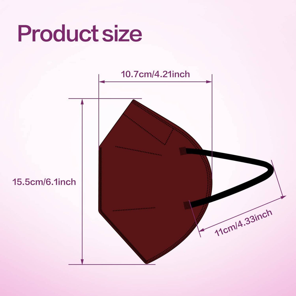 Red KN95 cup face mask with black ear loops; shown with size outline.