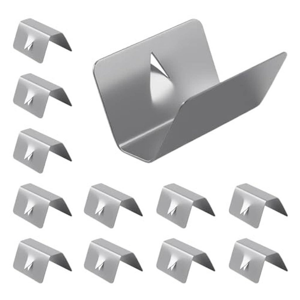 Silver car window wind deflector clips, angled view of multiple 12-piece set