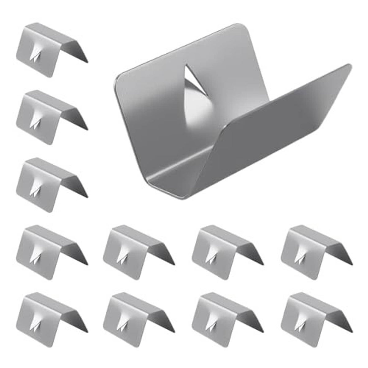 Silver car window wind deflector clips, angled view of multiple 12-piece set