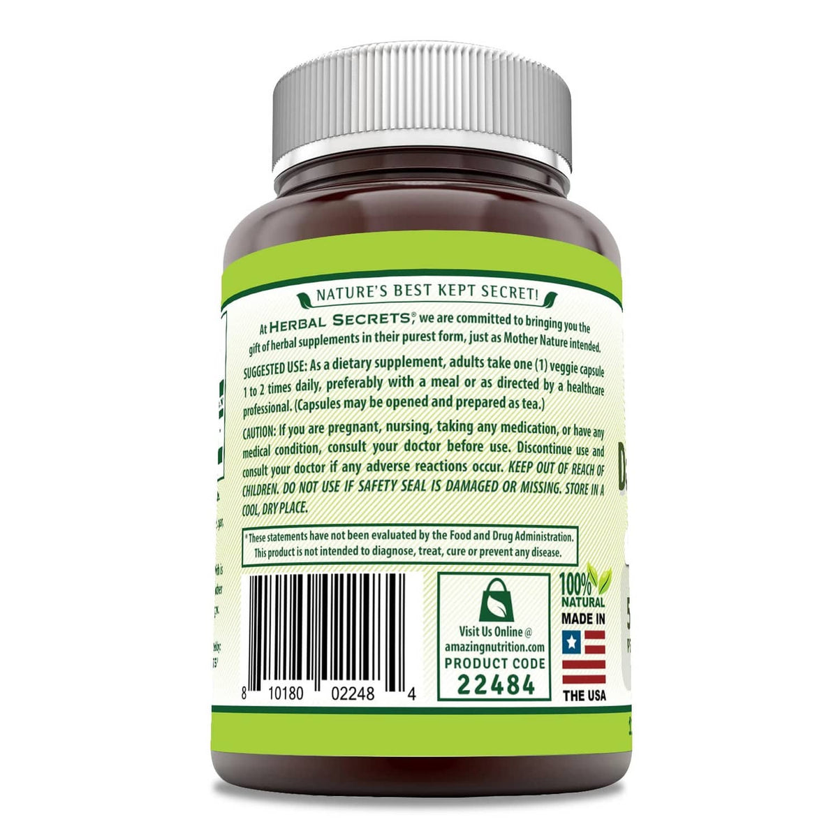 Dandelion root supplement bottle back label with barcode and product information panels