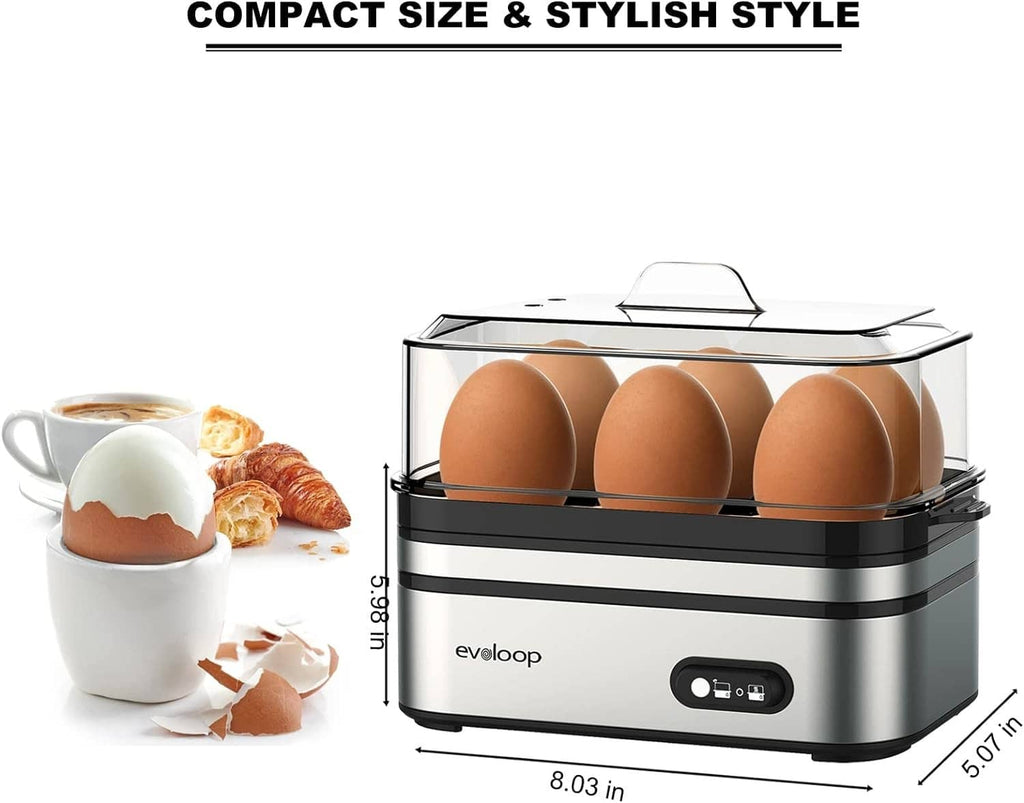 Electric egg cooker with clear lid and six eggs, compact countertop design