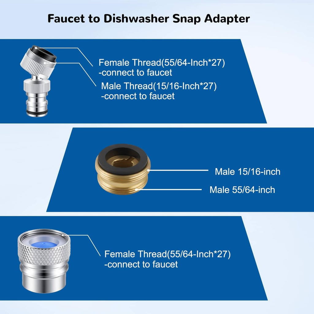 Faucet-to-dishwasher snap adapter with male and female thread ends